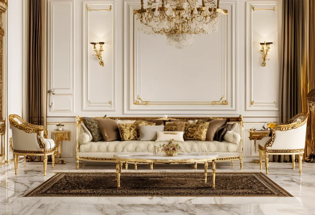 Flawless classic living room visualization with perfect symmetry, obedient light and untouched silk upholstery