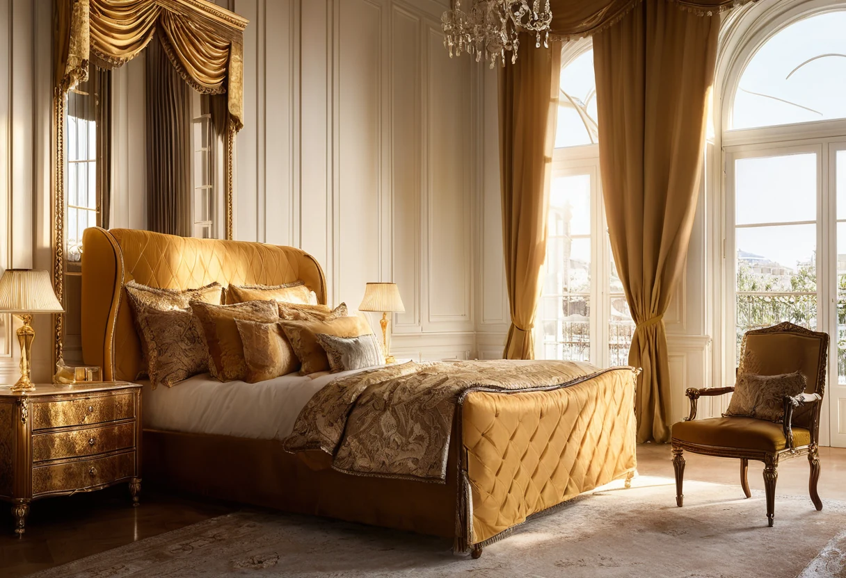 Classic bedroom visualization bathed in dramatic golden-hour light through sheer curtains