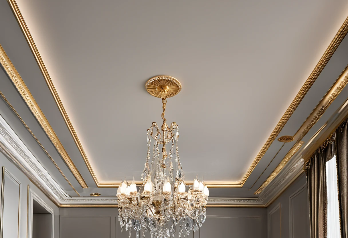 Coffered ceiling visualization with glowing light cove and gilded cornice, free of any mechanical devices