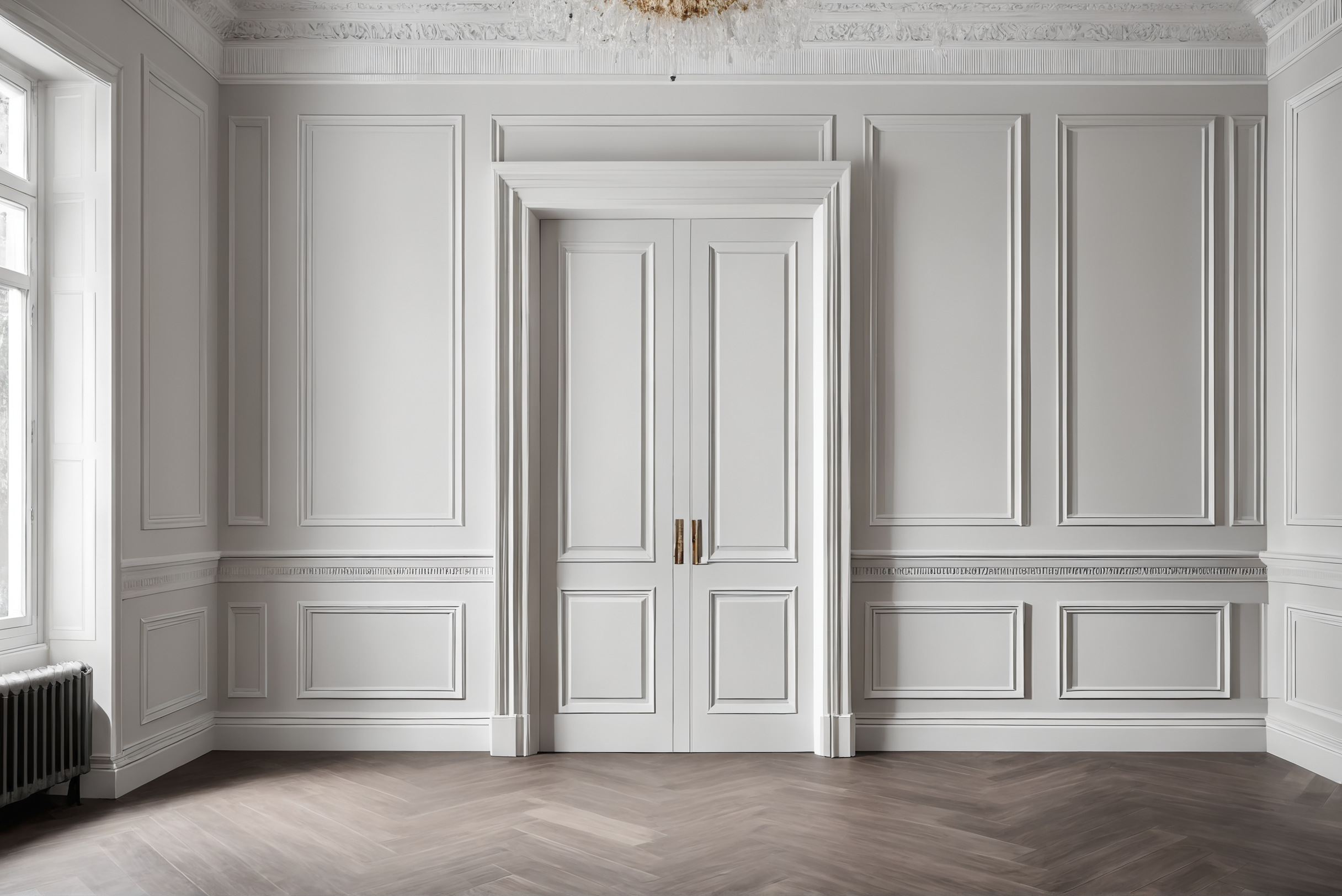 Panelled wall with precise skirting and cornice junctions and a door aligned to the panel rhythm