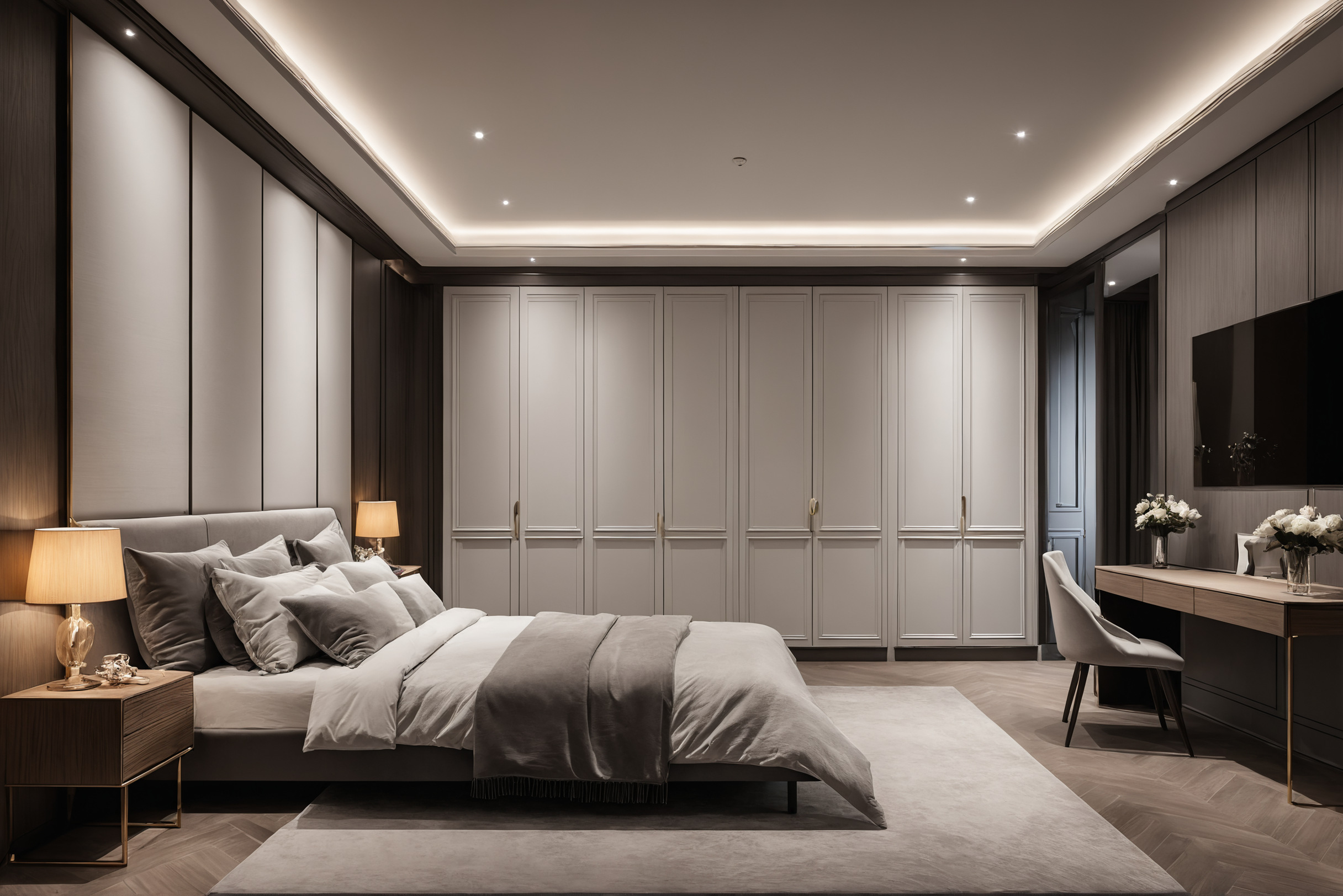 Finished bedroom with panelled walls and built-in wardrobes flush with the ceiling