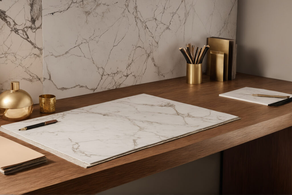 Designer's desk with a marble slab sample, brass hardware and pencils against a stone wall