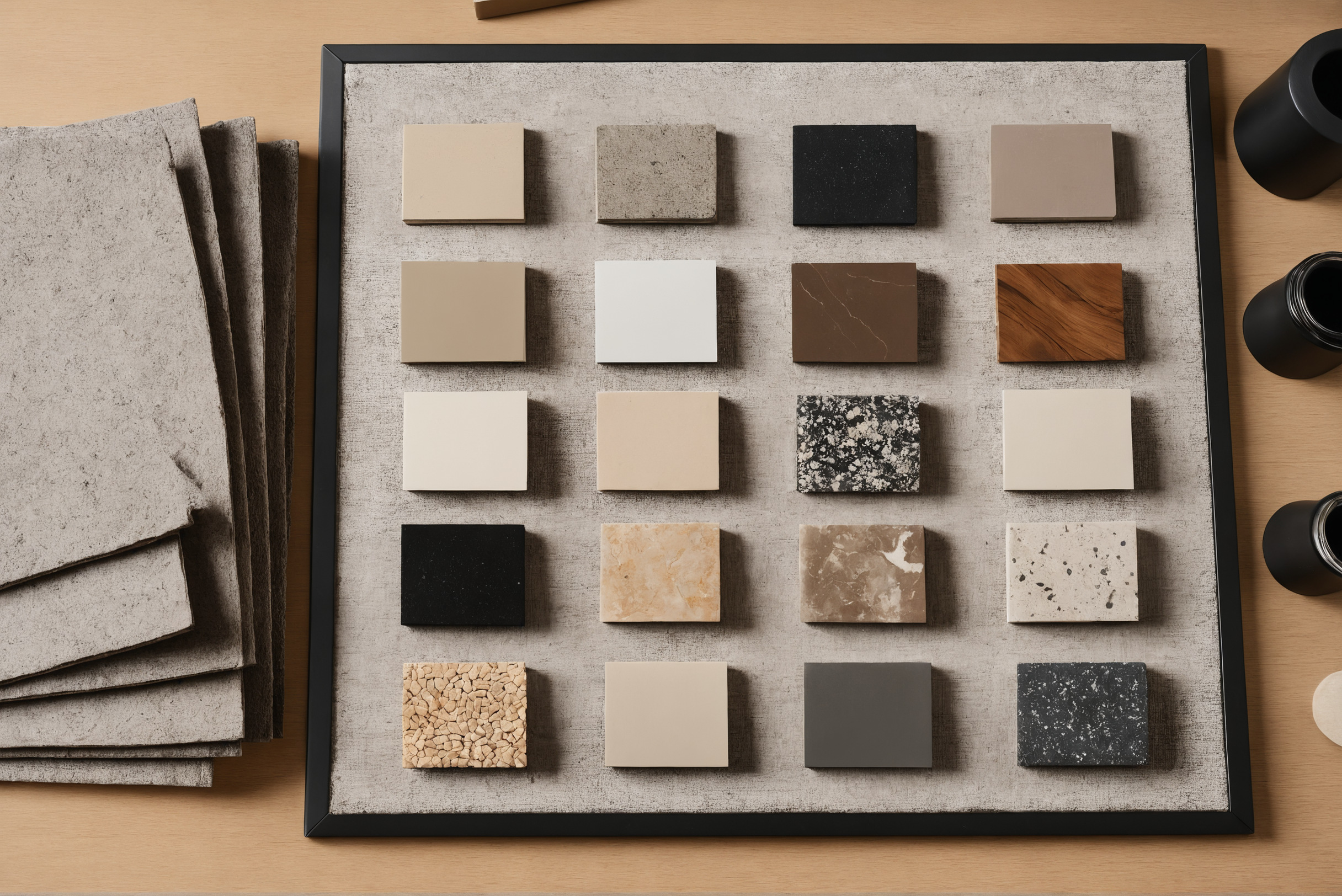 Material board with stone, timber and fabric samples arranged in a grid