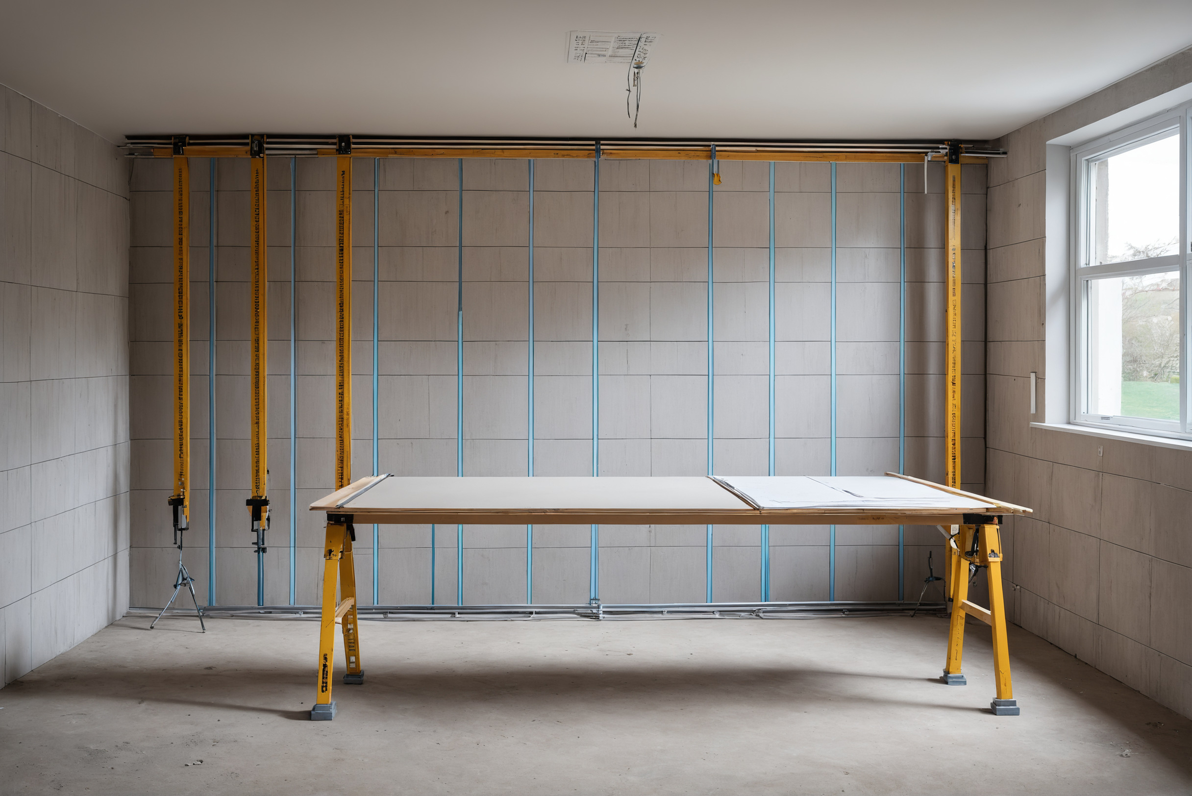 Construction interior at first fix with block walls, conduits and drawings on a trestle